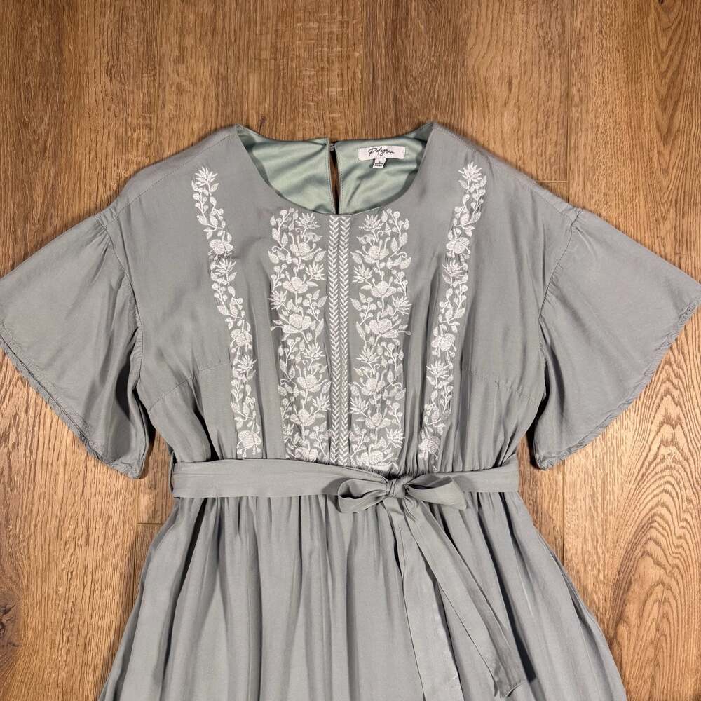 Polagram Sage Green Embroidered Floral Ruffle Sleeve Midi Dress Size L - Picture 4 of 11